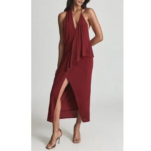 NEW REISS Xena Strappy Open Back Cocktail Midi Dress Dark Red